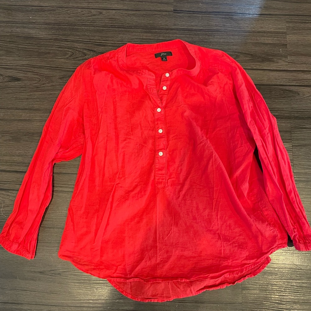 J Crew Cotton Collarless Popover in Red